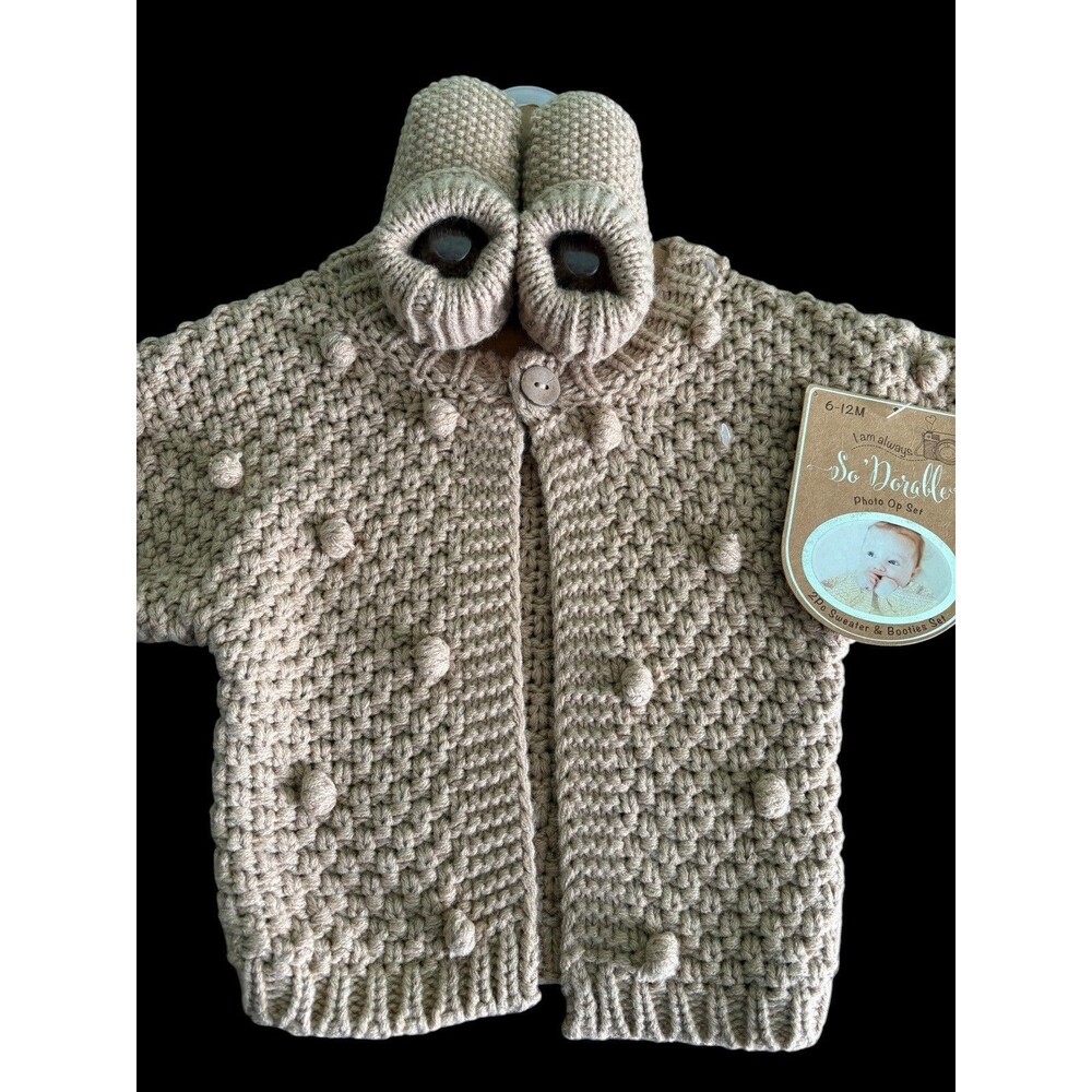 Baby Knit Sweater Booties Set 6-12 Months Photo Prop Outfit Neutral New With Tag - Picture 2 of 8